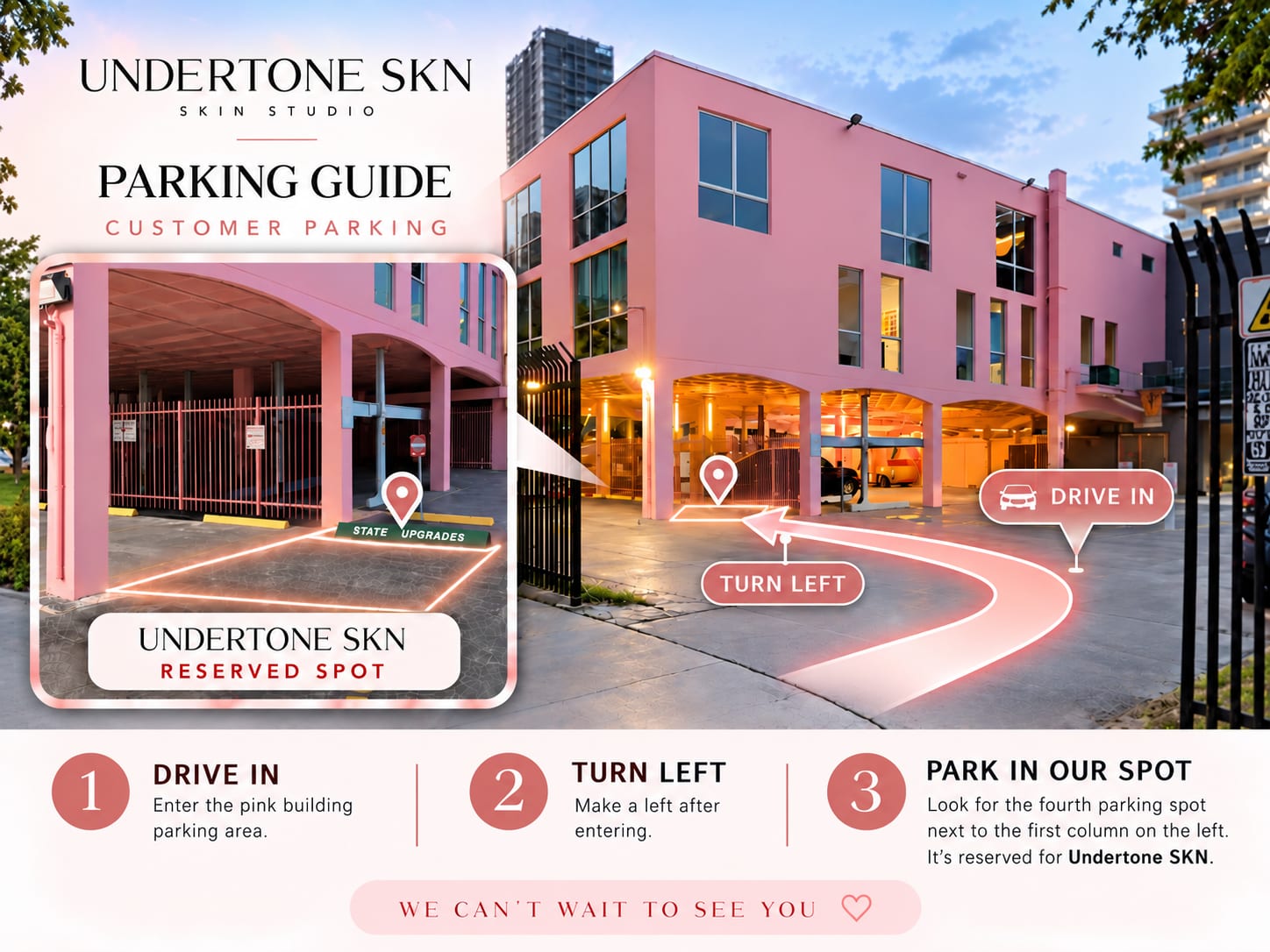Parking guide for Undertone SKN: drive into the Spaces building parking area, turn left, and park in the 4th spot by the first column on the left — reserved for Undertone SKN